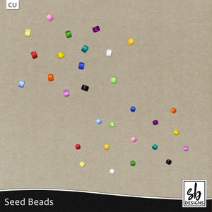 May include: A variety of colorful square seed beads scattered on a beige fabric background. The beads are in various colors, including red, orange, yellow, green, blue, purple, pink, and black.