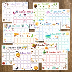 Printable Calendars, Printable Kids Calendars, 2024 Calendars, Watercolor Calendars, Homeschool Calendars, Kids Calendars, Cute Calendars