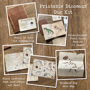 May include: Printable dinosaur dig kit with a paleontologist field guide booklet, blank invitation postcard, blank ID card, and a dinosaur dig grid map. The kit features a Tyrannosaurus Rex skeleton and a dinosaur dig site.