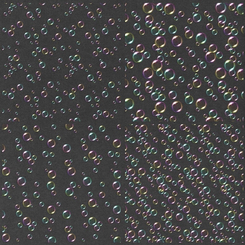 May include: A black background with a pattern of iridescent bubbles of various sizes. The bubbles are scattered randomly across the background.