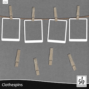 May include: Four white photo frames with a rope and wooden clothes pegs hanging from the top. There are three additional wooden clothes pegs scattered on a grey textured surface. The text "Clothes pins" is at the bottom of the image.