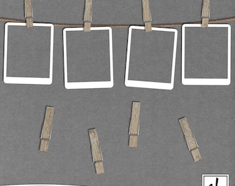 May include: Four white photo frames with a rope and wooden clothespins hanging from the top. There are three additional wooden clothespins scattered on a gray textured surface. The text "Clothes pins" is at the bottom of the image.