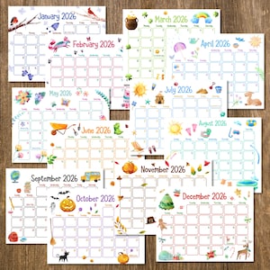 Printable Calendars, Printable Kids Calendars, 2026 Calendars, Watercolor Calendars, Homeschool Calendars, Kids Calendars, Cute Calendars