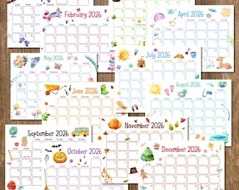 Printable Calendars, Printable Kids Calendars, 2026 Calendars, Watercolor Calendars, Homeschool Calendars, Kids Calendars, Cute Calendars