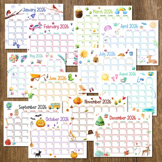 Printable Calendars, Printable Kids Calendars, 2026 Calendars, Watercolor Calendars, Homeschool Calendars, Kids Calendars, Cute Calendars