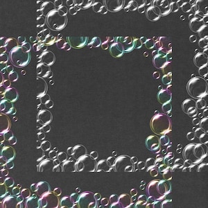 May include: A black background with a frame made of iridescent soap bubbles. The bubbles are arranged in a square shape with a smaller square inside.