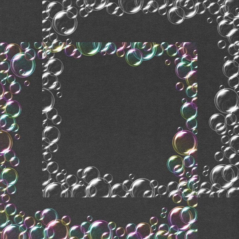 May include: A black background with a frame made of iridescent soap bubbles. The bubbles are arranged in a square shape with a smaller square inside.