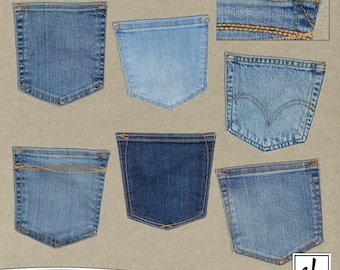 May include: Six different styles of denim pockets, all with a light blue denim fabric and orange stitching. The pockets are arranged in three rows of two. The pockets are all different shapes and sizes. The image is on a light brown background.