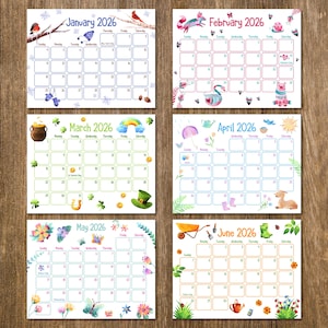Peut inclure: Six calendriers illustr&eacute;s pour 2026, chacun repr&eacute;sentant un mois avec des images th&eacute;matiques. Janvier pr&eacute;sente des oiseaux et des flocons de neige, f&eacute;vrier a un renard et des c&oelig;urs, mars comprend un pot d'or et des tr&egrave;fles.