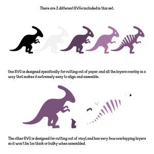 May include: Two different versions of a purple dinosaur SVG file. One version is designed for cutting out of paper and has overlapping layers. The other version is designed for cutting out of vinyl and has fewer overlapping layers.