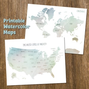 Druckbare Aquarell Landkarten, USA Karte, Kontinente Karte, druckbare Usa Karte, druckbare Kontinente Karte, Aquarell Karten, Homeschool Karten