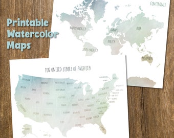 Cartes aquarelles imprimables, Carte des États-Unis, Carte des continents, Carte imprimable des États-Unis, Carte des continents imprimable, Cartes à l’aquarelle, Cartes homeschool