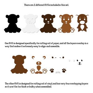 May include: Two different SVG files for cutting out a bear design. One version is designed for paper with overlapping layers, the other for vinyl with fewer layers. The image shows the bear in black, white, brown, and a brown outline.