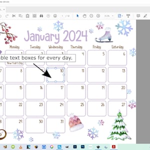 Peut inclure: Calendrier de janvier 2024 sur le th&egrave;me de l'hiver. Le calendrier comporte des zones de texte &agrave; remplir pour chaque jour. Des &eacute;l&eacute;ments d&eacute;coratifs incluent des flocons de neige, une luge, des patins &agrave; glace et un bonnet d'hiver. Le texte "Janvier 2024" est en haut.