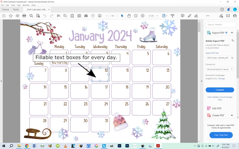 Peut inclure: Calendrier de janvier 2024 sur le th&egrave;me de l'hiver. Le calendrier comporte des zones de texte &agrave; remplir pour chaque jour. Des &eacute;l&eacute;ments d&eacute;coratifs incluent des flocons de neige, une luge, des patins &agrave; glace et un bonnet d'hiver. Le texte "Janvier 2024" est en haut.