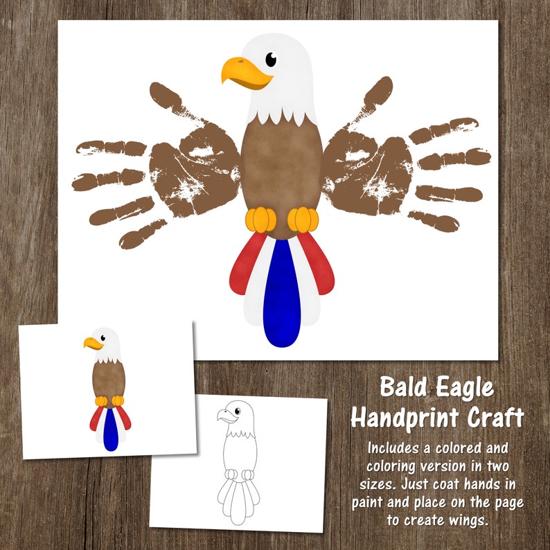 K&ouml;nnte beinhalten: Eine druckbare Bastelvorlage mit einem Adler-Handabdruck-Bastelprojekt. Die Vorlage enth&auml;lt eine farbige Version und eine zum Ausmalen in zwei Gr&ouml;&szlig;en. Der Text "Bald Eagle Handprint Craft" ist auf der Vorlage enthalten.