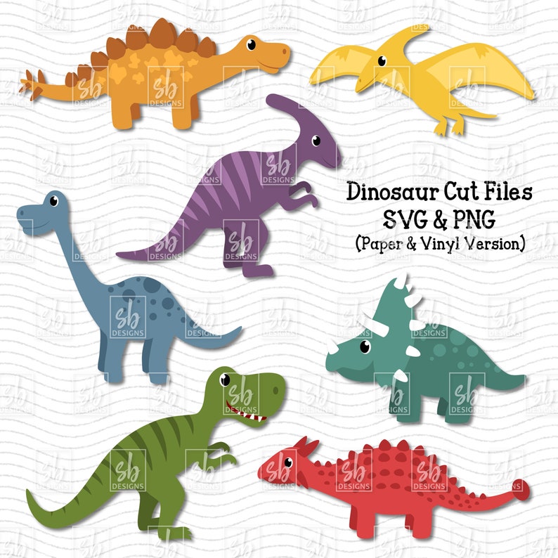 May include: A set of seven colorful dinosaur cut files, including a stegosaurus, pterodactyl, triceratops, brachiosaurus, tyrannosaurus rex, and two ankylosaurus. The files are available in SVG and PNG formats and are perfect for crafting projects.