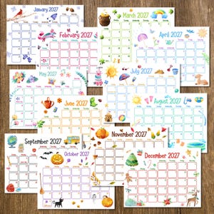 May include: A collection of twelve monthly calendar pages for the year 2027, each featuring watercolor illustrations corresponding to seasonal themes, including holidays, weather, and nature motifs, arranged in a grid layout.