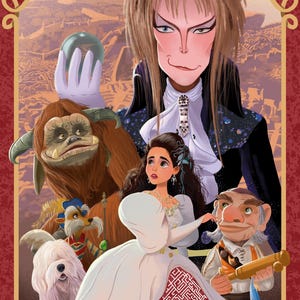 May include: A digital illustration featuring characters from the movie Labyrinth. The image includes Jareth, the Goblin King, a woman in a white gown, and various fantasy creatures. The title "Labyrinth" is at the bottom.
