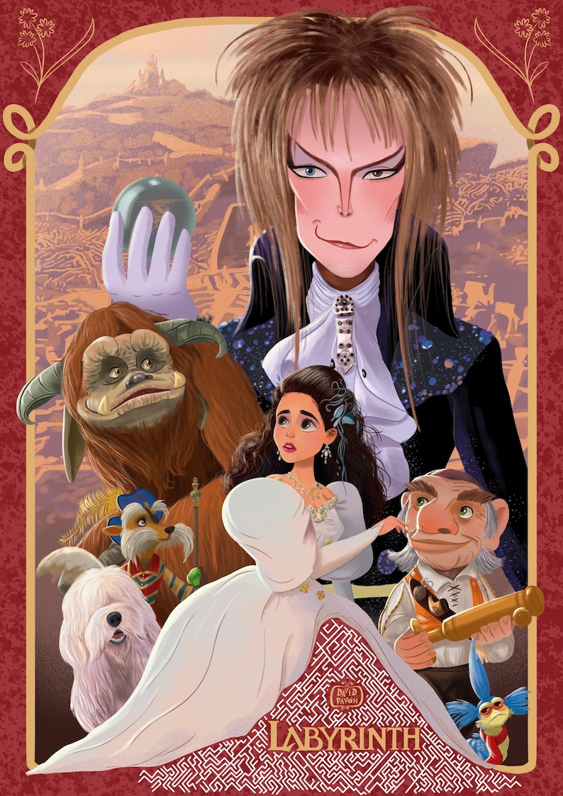 May include: A digital illustration featuring characters from the movie Labyrinth. The image includes Jareth, the Goblin King, a woman in a white gown, and various fantasy creatures. The title "Labyrinth" is at the bottom.