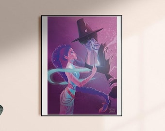 Pode incluir: Uma impressão de arte emoldurada com uma cena de fantasia romântica. A ilustração mostra duas figuras, uma com um chapéu alto, em um abraço próximo. A obra de arte usa uma paleta de roxos, azuis e rosas, em um fundo macio.