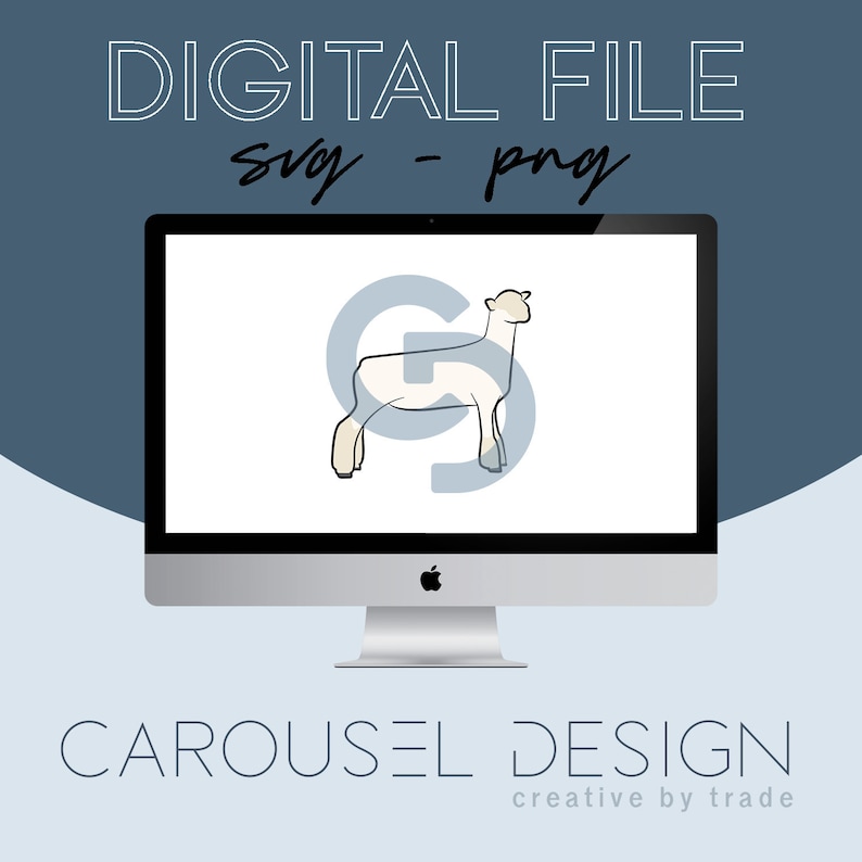 May include: Digital file of a white sheep with a blue letter G behind it. The image is displayed on a computer screen. The text "DIGITAL FILE svg - png" is at the top of the image. The text "CAROUSEL DESIGN creative by trade" is at the bottom of the image.