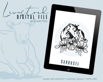 Ilustracja konia z dzikim kwiatem Grafika z inwentarzem żywym - Cyfrowy SVG i PNG