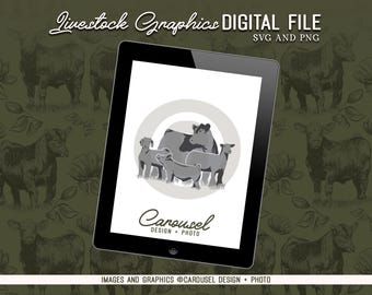 Grafika grupowa dotycząca zwierząt gospodarskich – bydło, świnie, jagnięta i kozy