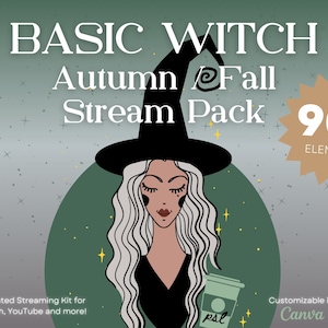 May include: A digital illustration of a witch with long white hair wearing a black hat and dress. The image is set against a green and gray background with stars and the text "BASIC WITCH Autumn Fall Stream Pack 90+ ELEMENTS".