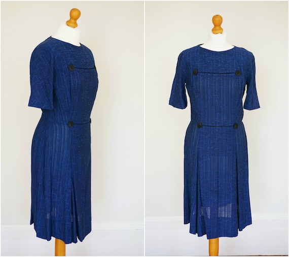 1960s 60s Vintage Marjorie Montgomery Blue Linen S