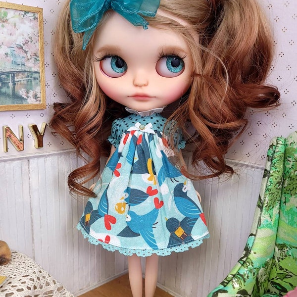 Love Birds in Blue, High Neck Short Sleeve Blythe doll dress by Blythette