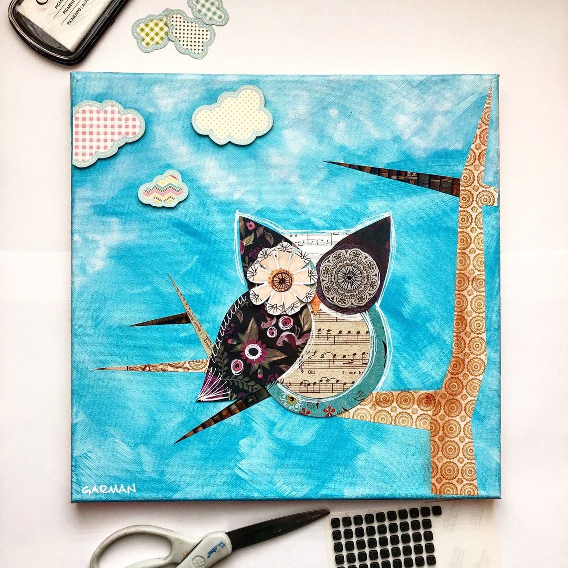 Whimsical Mixed Media Owl 12 x 12 Canvas Etsy