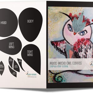 Może przedstawiać: Samouczek dotyczący płótna z sową w technice mieszanej z instrukcjami krok po kroku. Grafika przedstawia kolorową ilustrację sowy z różową twarzą, niebieskimi oczami i czerwonymi akcentami. Lewa strona pokazuje czarne szablony.
