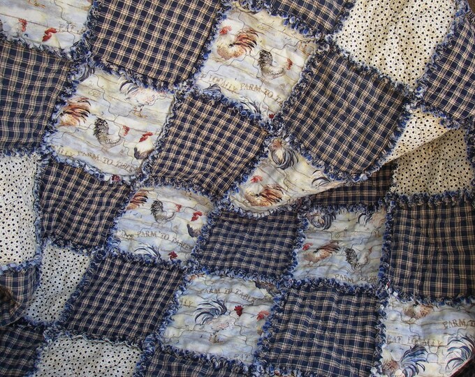 Country Rag Quilt, Farmhouse Rag Quilt, Roosters Rag Quilt, Blue, - Etsy