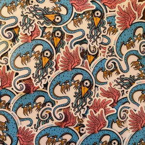 Puede incluir: Un conjunto de pegatinas con una criatura azul de cuello largo, ojo grande y pico amarillo. Las pegatinas incluyen criaturas aladas rosas y el texto "@armartstudio".