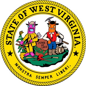 May include: A cartoon-style illustration of the West Virginia state seal. The seal features a yellow outer ring with the text "STATE OF WEST VIRGINIA" and "MONTANI SEMPER LIBERI." Inside, two cartoon figures stand on a green hill, with the date "JUNE 20 1863" on a stone.