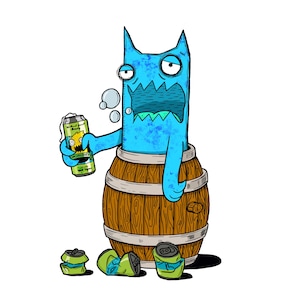 Puede incluir: Ilustración de dibujos animados de un monstruo azul dentro de un barril de madera, sosteniendo una lata de cerveza verde. La lata tiene un gráfico de cara de monstruo amarillo y el texto "Well Spilled". Latas verdes aplastadas a los pies del monstruo.