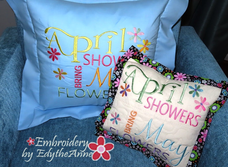 April Showers Bring May Flower Pillow In The Hoop Machine Embroidery Design image 1