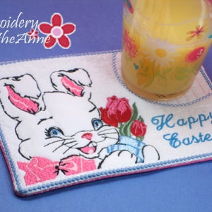 HAPPY EASTER BUNNY In The Hoop Vintage Style Embroidered Mug Mat/ Mug Rug/Drink Mat. Digital File. Available immediately