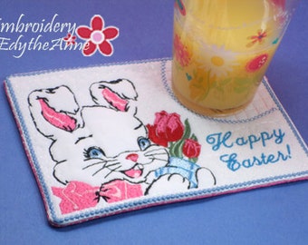 HAPPY EASTER BUNNY In The Hoop Vintage Style Embroidered Mug Mat/ Mug Rug/Drink Mat. Digital File. Available immediately