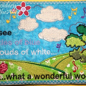 WHAT a WONDERFUL WORLD  In The Hoop Whimsical Embroidered Mug Mats/Mug Rugs