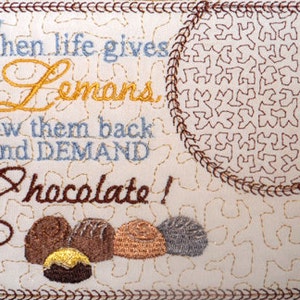 DEMAND CHOCOLATE In The Hoop Embroidered Mug Mat/Mug Rug done In The Hoop.  Digital File. Available immediately.