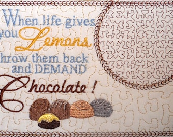 DEMAND CHOCOLATE In The Hoop Embroidered Mug Mat/Mug Rug done In The Hoop.  Digital File. Available immediately.