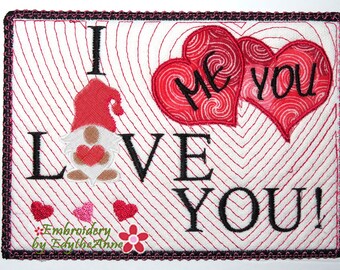 I LOVE YOU GNOME In The Hoop Embroidered Mug Mats/Mug Rugs