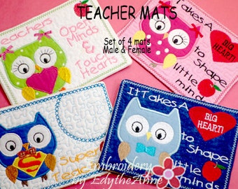 DISCOUNT 25% OFF TEACHER Unique Gift In The Hoop Embroidered Mug Mat/Mug Rug.   4 Pack Set Male and Female. Digital File.