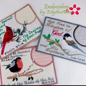 Set 2 BIRDS of the AIR In The Hoop Faith Based Embroidered Mug Mats/Mug Rugs-Digital Download image 1