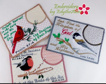 Set 2 - BIRDS of the AIR In The Hoop Faith Based Embroidered Mug Mats/Mug Rugs-Digital Download