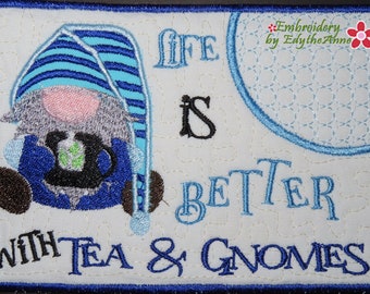 TEA & GNOMES  In The Hoop Embroidered Mug Mat/Mug Rug Design - Digital Download