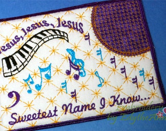 JESUS Sweetest Name I Know Musical Embroidered Mug Mat/Mug Rug done In The Hoop.  Digital File. Available immediately.  No shipping charges