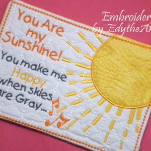 YOU are MY SUNSHINE  In The Hoop Whimsical Embroidered Mug Mats/Mug Rugs.  Digital File. Available immediately.